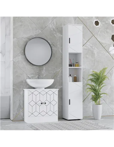 kleankin Line Embossed Tall Bathroom Storage Cabinet - White