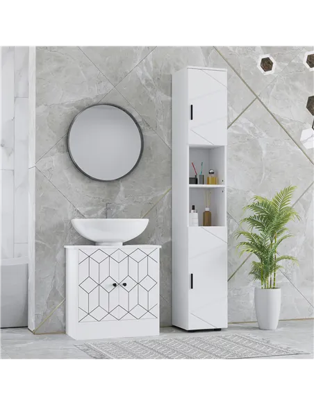 kleankin Line Embossed Tall Bathroom Storage Cabinet - White