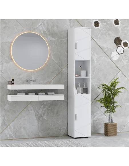 kleankin Line Embossed Tall Bathroom Storage Cabinet - White