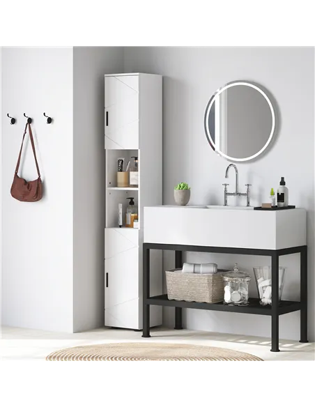 kleankin Line Embossed Tall Bathroom Storage Cabinet - White