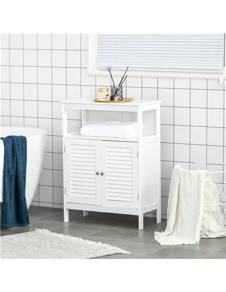 kleankin Bathroom Storage Unit Cabinet with Open Storage Shelf, Freestanding Floor Cabinet Organizer with 2 Doors for Living Roo