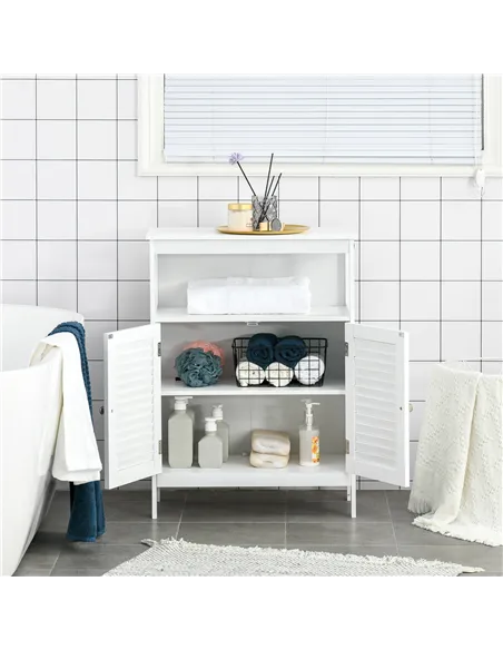 kleankin Bathroom Storage Unit Cabinet with Open Storage Shelf, Freestanding Floor Cabinet Organizer with 2 Doors for Living Roo