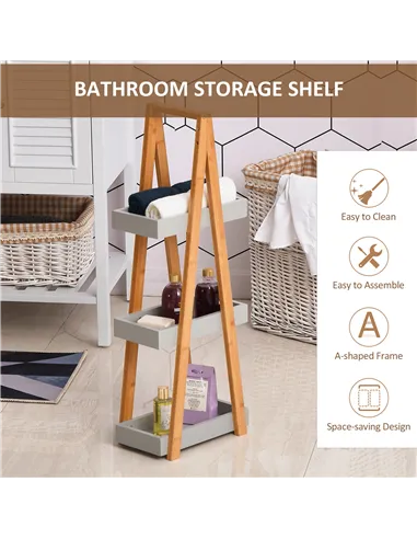 kleankin Bathroom Storage Shelves, 3-Tier Slim Shelving Unit, Freestanding Bamboo Shelf Unit, A Frame Space Saver Toilet Rack, N