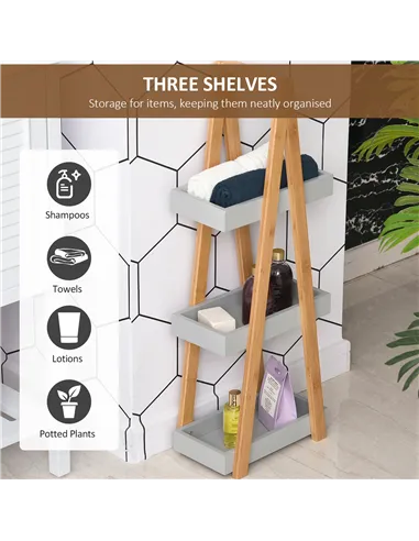 kleankin Bathroom Storage Shelves, 3-Tier Slim Shelving Unit, Freestanding Bamboo Shelf Unit, A Frame Space Saver Toilet Rack, N