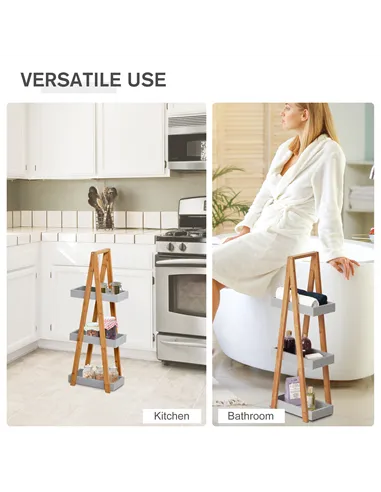 kleankin Bathroom Storage Shelves, 3-Tier Slim Shelving Unit, Freestanding Bamboo Shelf Unit, A Frame Space Saver Toilet Rack, N