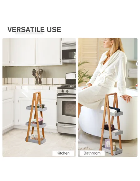 kleankin Bathroom Storage Shelves, 3-Tier Slim Shelving Unit, Freestanding Bamboo Shelf Unit, A Frame Space Saver Toilet Rack, N