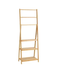 kleankin Freestanding Natural Bamboo Towel Rack with 3 Towel Rails and 3 Storage Shelves, Space-Saving Foldable Towel Holder for