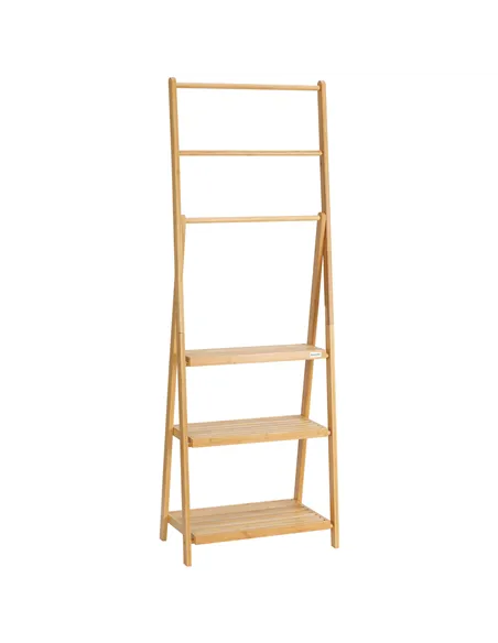 kleankin Freestanding Natural Bamboo Towel Rack with 3 Towel Rails and 3 Storage Shelves, Space-Saving Foldable Towel Holder for