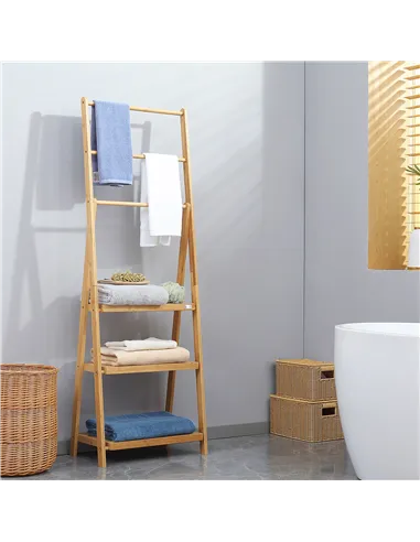 kleankin Freestanding Natural Bamboo Towel Rack with 3 Towel Rails and 3 Storage Shelves, Space-Saving Foldable Towel Holder for