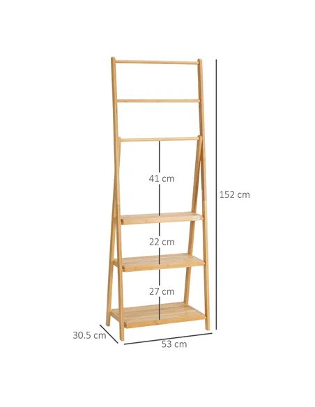 kleankin Freestanding Natural Bamboo Towel Rack with 3 Towel Rails and 3 Storage Shelves, Space-Saving Foldable Towel Holder for