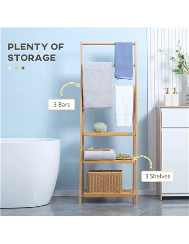 kleankin Freestanding Natural Bamboo Towel Rack with 3 Towel Rails and 3 Storage Shelves, Space-Saving Foldable Towel Holder for