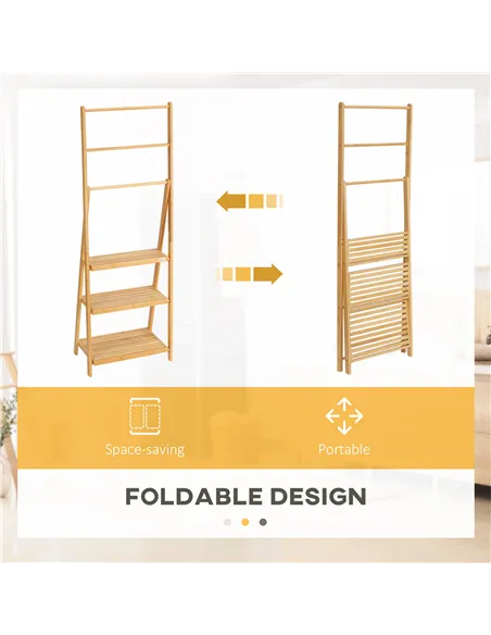 kleankin Freestanding Natural Bamboo Towel Rack with 3 Towel Rails and 3 Storage Shelves, Space-Saving Foldable Towel Holder for