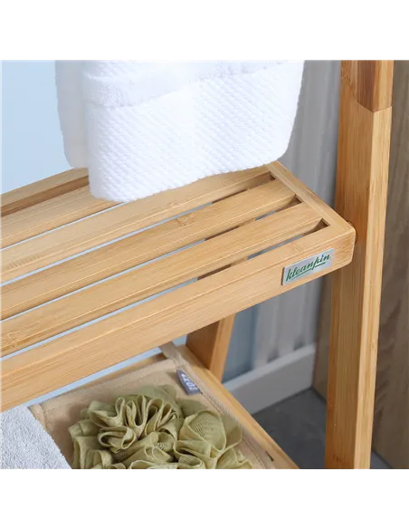 kleankin Freestanding Natural Bamboo Towel Rack with 3 Towel Rails and 3 Storage Shelves, Space-Saving Foldable Towel Holder for