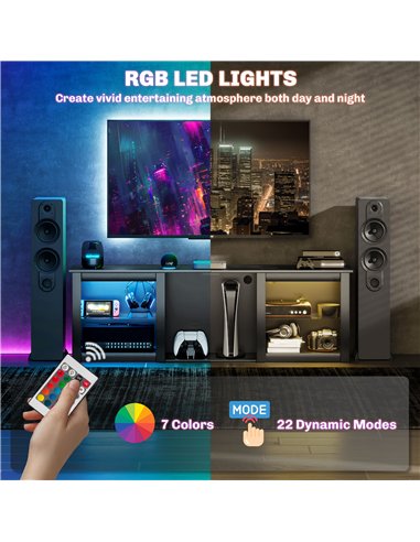 HOMCOM 65" TV Stand, with LED Lights and Storage - Black