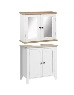 kleankin Bathroom Furniture Set, Mirror Cabinet Wall Mounted with Adjustable Shelf, Bathroom Sink Cabinet with Storage, White an