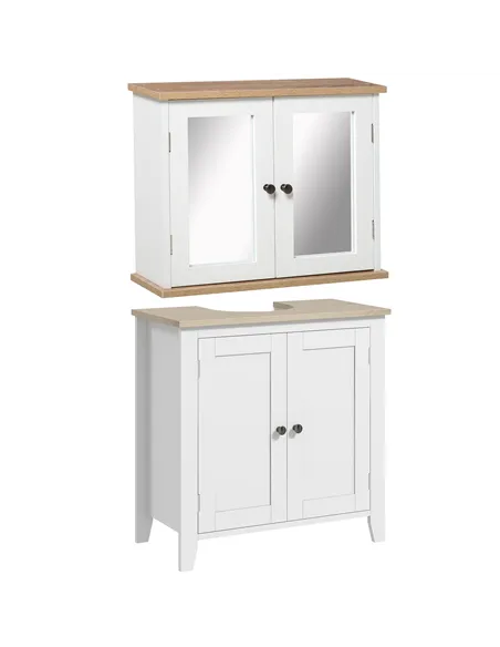 kleankin Bathroom Furniture Set, Mirror Cabinet Wall Mounted with Adjustable Shelf, Bathroom Sink Cabinet with Storage, White an