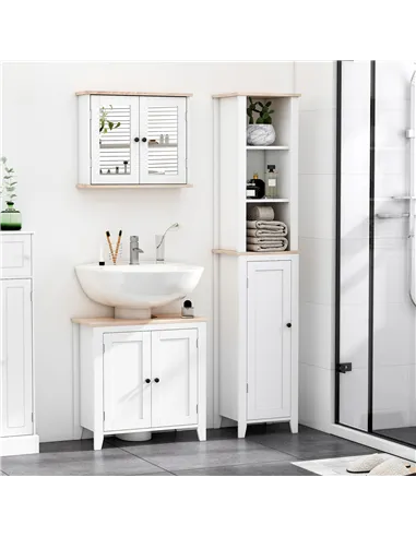 kleankin Bathroom Furniture Set, Mirror Cabinet Wall Mounted with Adjustable Shelf, Bathroom Sink Cabinet with Storage, White an