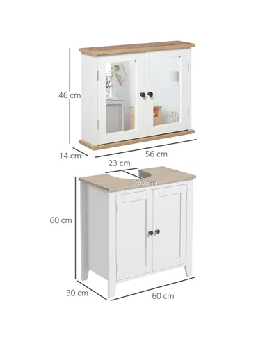 kleankin Bathroom Furniture Set, Mirror Cabinet Wall Mounted with Adjustable Shelf, Bathroom Sink Cabinet with Storage, White an