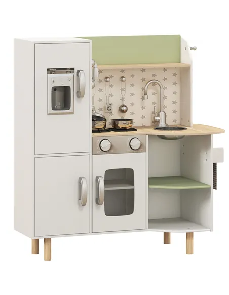 AIYAPLAY Toy Kitchen, Kids Play Kitchen, Role Playing Game with Phone, Ice Maker, Stove, Utensils, for 3-6 Years, White