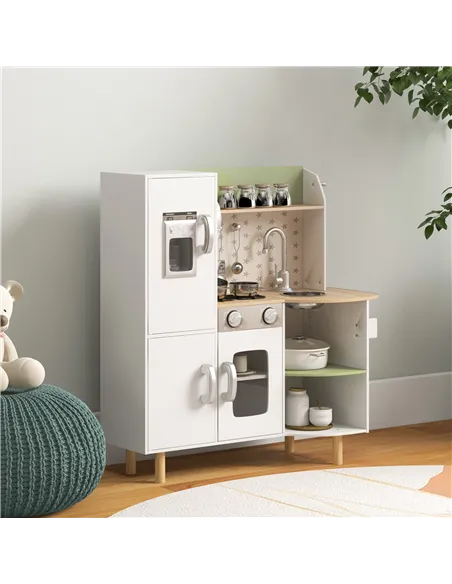AIYAPLAY Toy Kitchen, Kids Play Kitchen, Role Playing Game with Phone, Ice Maker, Stove, Utensils, for 3-6 Years, White