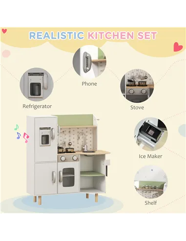 AIYAPLAY Toy Kitchen, Kids Play Kitchen, Role Playing Game with Phone, Ice Maker, Stove, Utensils, for 3-6 Years, White