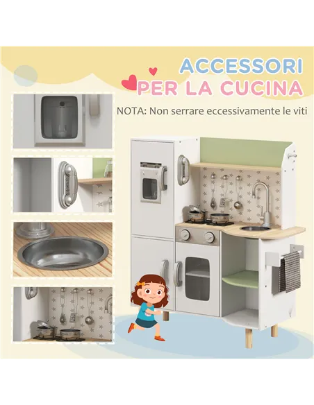 AIYAPLAY Toy Kitchen, Kids Play Kitchen, Role Playing Game with Phone, Ice Maker, Stove, Utensils, for 3-6 Years, White