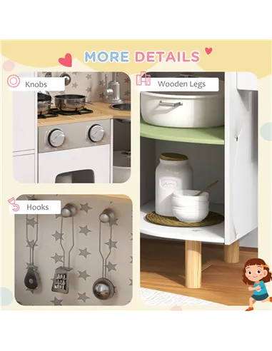 AIYAPLAY Toy Kitchen, Kids Play Kitchen, Role Playing Game with Phone, Ice Maker, Stove, Utensils, for 3-6 Years, White
