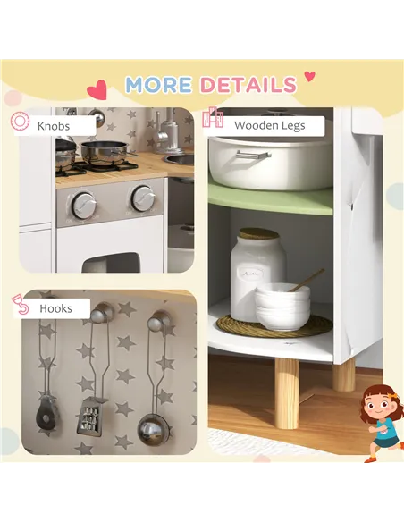 AIYAPLAY Toy Kitchen, Kids Play Kitchen, Role Playing Game with Phone, Ice Maker, Stove, Utensils, for 3-6 Years, White
