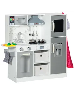 AIYAPLAY Toy Kitchen with Lights, Sounds, Apron and Chef Hat, Ice Maker, Microwave, for Ages 3-6 Years - White