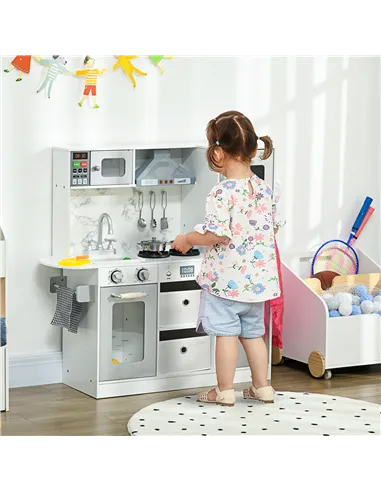 AIYAPLAY Toy Kitchen with Lights, Sounds, Apron and Chef Hat, Ice Maker, Microwave, for Ages 3-6 Years - White