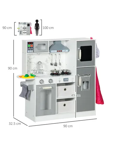 AIYAPLAY Toy Kitchen with Lights, Sounds, Apron and Chef Hat, Ice Maker, Microwave, for Ages 3-6 Years - White