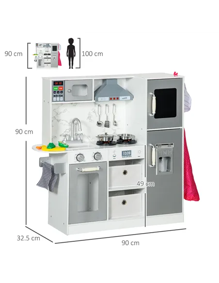 AIYAPLAY Toy Kitchen with Lights, Sounds, Apron and Chef Hat, Ice Maker, Microwave, for Ages 3-6 Years - White