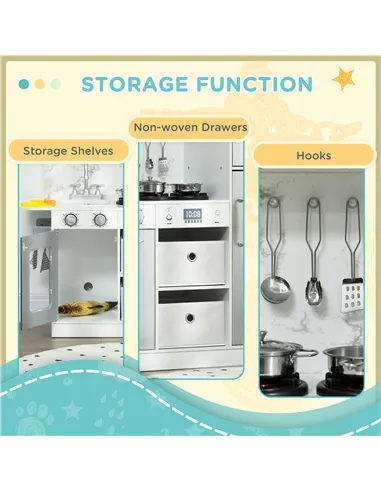 AIYAPLAY Toy Kitchen with Lights, Sounds, Apron and Chef Hat, Ice Maker, Microwave, for Ages 3-6 Years - White