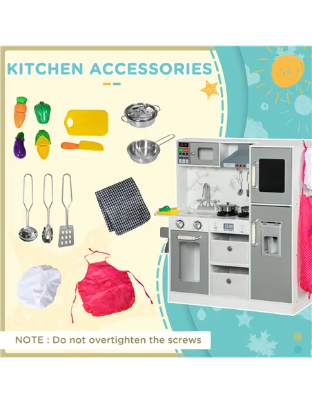 AIYAPLAY Toy Kitchen with Lights, Sounds, Apron and Chef Hat, Ice Maker, Microwave, for Ages 3-6 Years - White