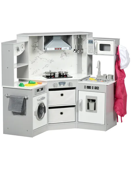 AIYAPLAY Toy Kitchen with Running Water, Lights, Sounds, Apron and Chef Hat, Water Dispenser, for Ages 3-6 Years, Grey