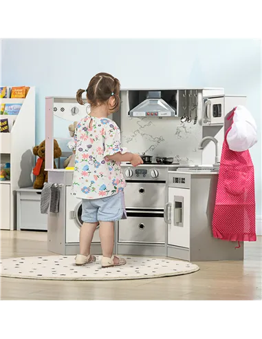 AIYAPLAY Toy Kitchen with Running Water, Lights, Sounds, Apron and Chef Hat, Water Dispenser, for Ages 3-6 Years, Grey