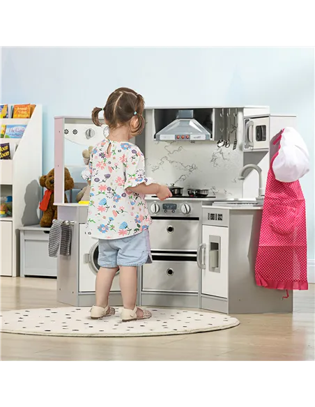 AIYAPLAY Toy Kitchen with Running Water, Lights, Sounds, Apron and Chef Hat, Water Dispenser, for Ages 3-6 Years, Grey