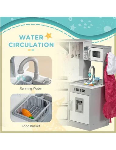 AIYAPLAY Toy Kitchen with Running Water, Lights, Sounds, Apron and Chef Hat, Water Dispenser, for Ages 3-6 Years, Grey