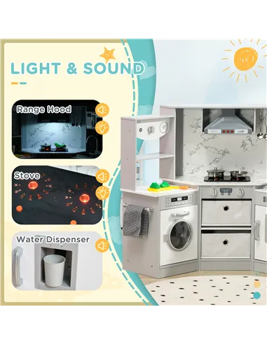 AIYAPLAY Toy Kitchen with Running Water, Lights, Sounds, Apron and Chef Hat, Water Dispenser, for Ages 3-6 Years, Grey