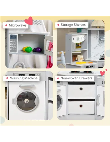 AIYAPLAY Toy Kitchen with Running Water, Lights, Sounds, Apron and Chef Hat, Water Dispenser, for Ages 3-6 Years, Grey