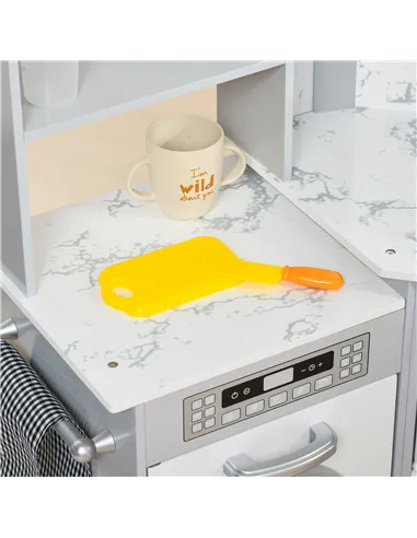 AIYAPLAY Toy Kitchen with Running Water, Lights, Sounds, Apron and Chef Hat, Water Dispenser, for Ages 3-6 Years, Grey