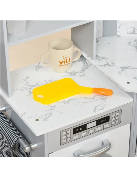 AIYAPLAY Toy Kitchen with Running Water, Lights, Sounds, Apron and Chef Hat, Water Dispenser, for Ages 3-6 Years, Grey