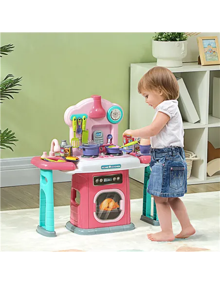 AIYAPLAY 45-Piece Kids Kitchen, Toy Kitchen, with Rotating Side Tables, Lights, Sound Spray