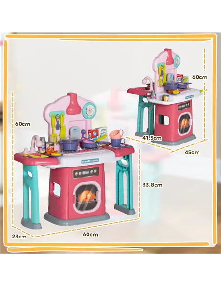 AIYAPLAY 45-Piece Kids Kitchen, Toy Kitchen, with Rotating Side Tables, Lights, Sound Spray