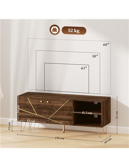 HOMCOM TV Stand Cabinet for up to 60 Inch TV, Modern 130cm TV Unit with Adjustable Shelves and Hairpin Legs, Double Door TV Cabi