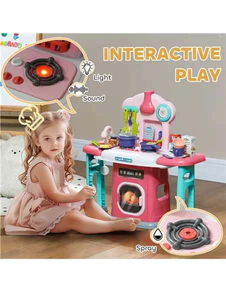 AIYAPLAY 45-Piece Kids Kitchen, Toy Kitchen, with Rotating Side Tables, Lights, Sound Spray