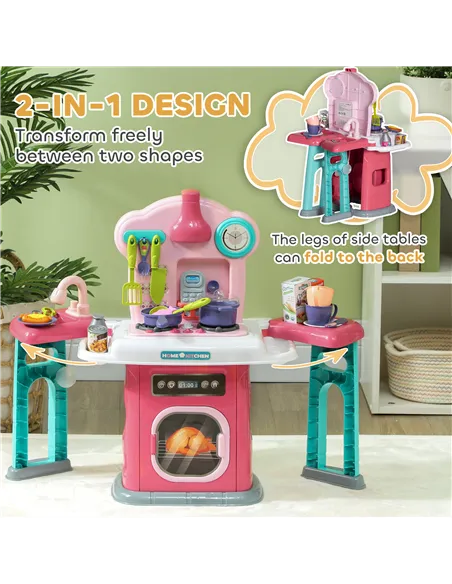 AIYAPLAY 45-Piece Kids Kitchen, Toy Kitchen, with Rotating Side Tables, Lights, Sound Spray