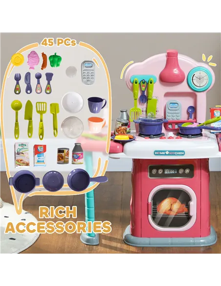AIYAPLAY 45-Piece Kids Kitchen, Toy Kitchen, with Rotating Side Tables, Lights, Sound Spray