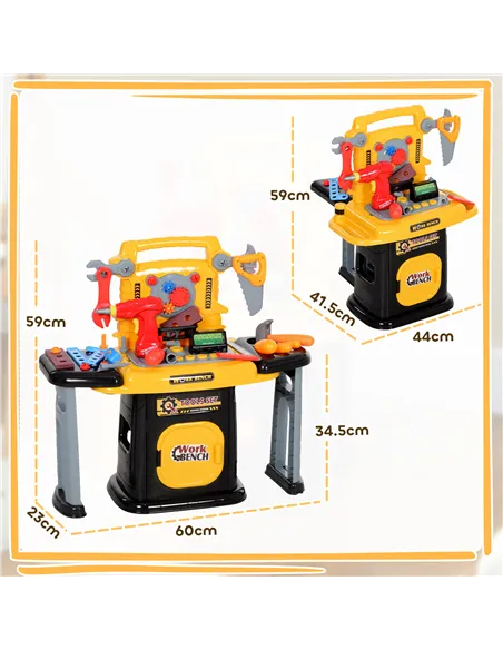 AIYAPLAY 102-Piece Kids Tool Bench with Electric Drill, Storage for Ages 3-6 Years, Yellow