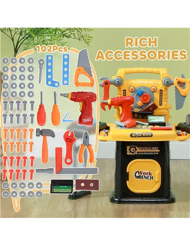 AIYAPLAY 102-Piece Kids Tool Bench with Electric Drill, Storage for Ages 3-6 Years, Yellow